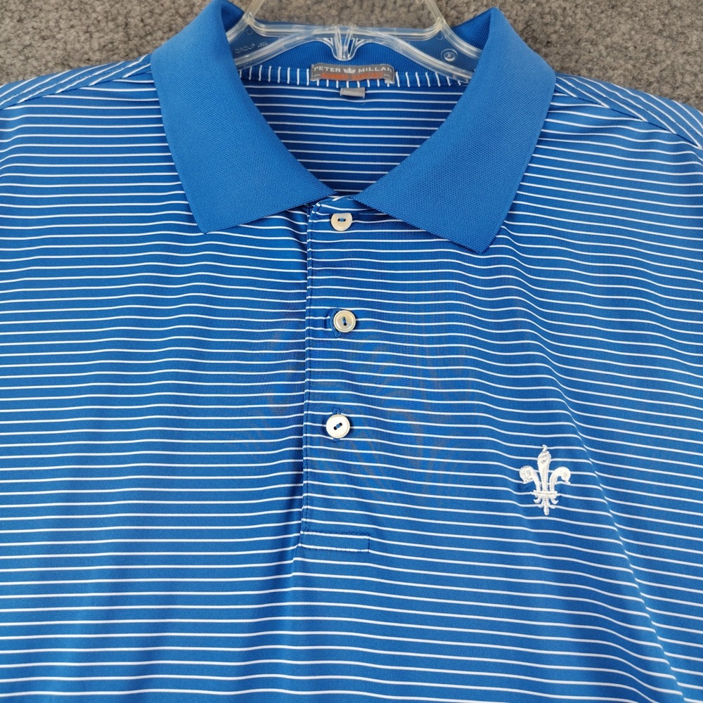 Peter Millar Summer Comfort Polo Shirt Mens XXL Blue White Stripe Fleur De Lis